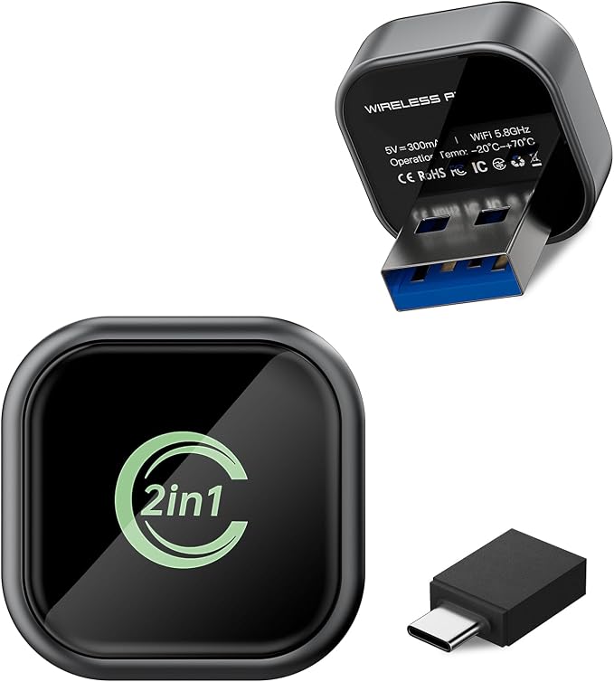 Wireless CarPlay Adapter, Convert Wired to Wireless, 2-in-1 CarPlay & Android Auto, Mini Plug & Play, Fast Auto-Connect & No Latency, USB/USB-C for Cars with Built-in CarPlay & iOS 10+/Android 11+