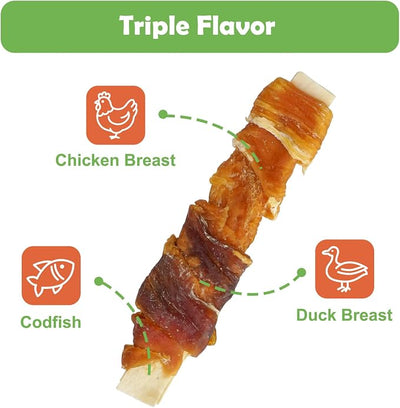 MON2SUN Dog Treats, 4-4.5 Inch Chicken and Duck Wrapped Cod Fillets, Rawhide-Free, Soft and Training Treats for Small Dogs, 10.58 oz (30 Count)