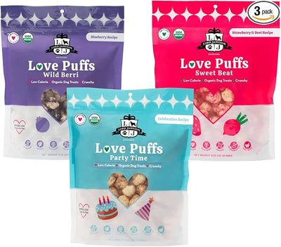 Lord Jameson Organic Dog Treats Bundle - Love Puffs 3-Flavor Bundle - USDA Certified, Low Calorie - All Dogs - Gluten-Free, Sensitive Stomach - 3 x 4oz Pack