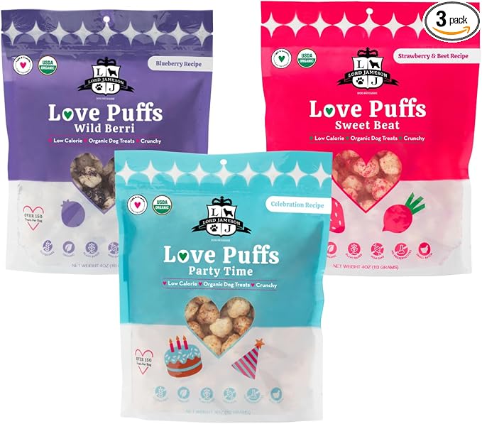 Lord Jameson Organic Dog Treats Bundle - Love Puffs 3-Flavor Bundle - USDA Certified, Low Calorie - All Dogs - Gluten-Free, Sensitive Stomach - 3 x 4oz Pack