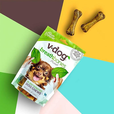 V-dog Dog Treats - Vegan Breathbone Teeth Cleaning Dental Bones - Fresh Breath - 8 Ounces - Minis - All Natural, Made in USA - 10 Bones - 3" Long - Easy to Digest (Pack of 3)