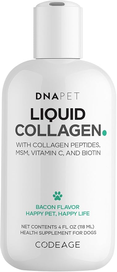 DNA PET Liquid Collagen for Dogs, Beef Peptides, Bacon Flavor, 4 fl oz | Bacon-flavored liquid collagen for dogs with beef collagen peptides, vitamin C, biotin and MSM. For all breeds.