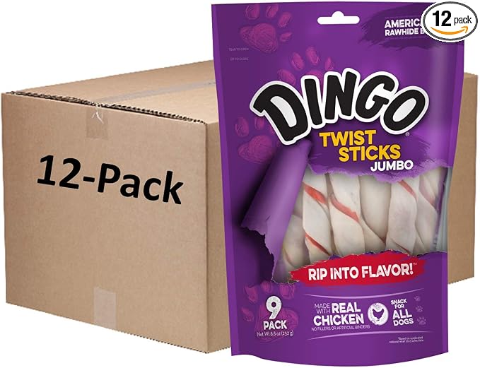 Dingo Twist Sticks Jumbo Rawhide Chews, 9-Count, 12-Packs