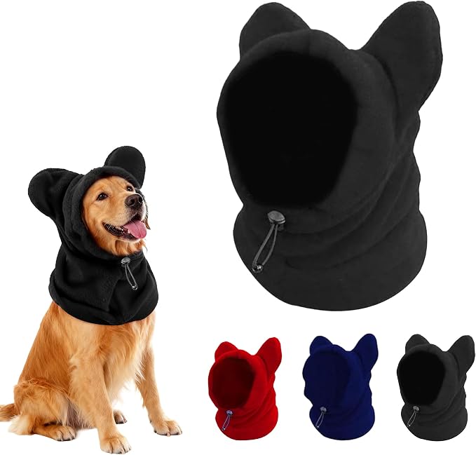 Dog Snood Winter Hood with Ear Protection, Fleece Neck Warmer for Dogs, (Black, Large)