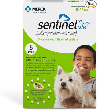 Sentinel Flavor Tabs for Dogs, 11-25 lbs, 6 Chewable Tablets, 6-month supply, Green Box