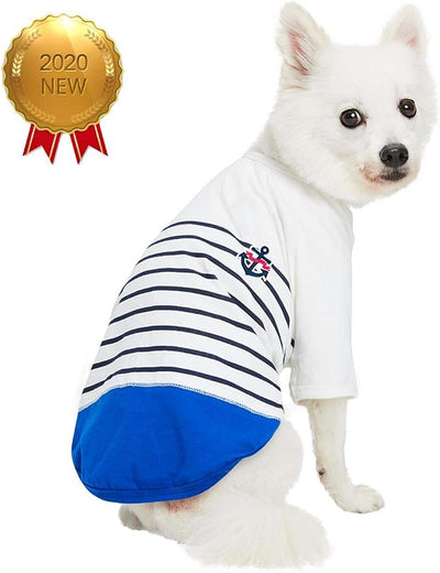 Blueberry Pet Soft & Comfy Summer Vacation Beach Cotton Dog T-Shirt in Blue Stripes, Sea Lover Shirt Tank Top Clothes, Back Length 20", for Large Dogs