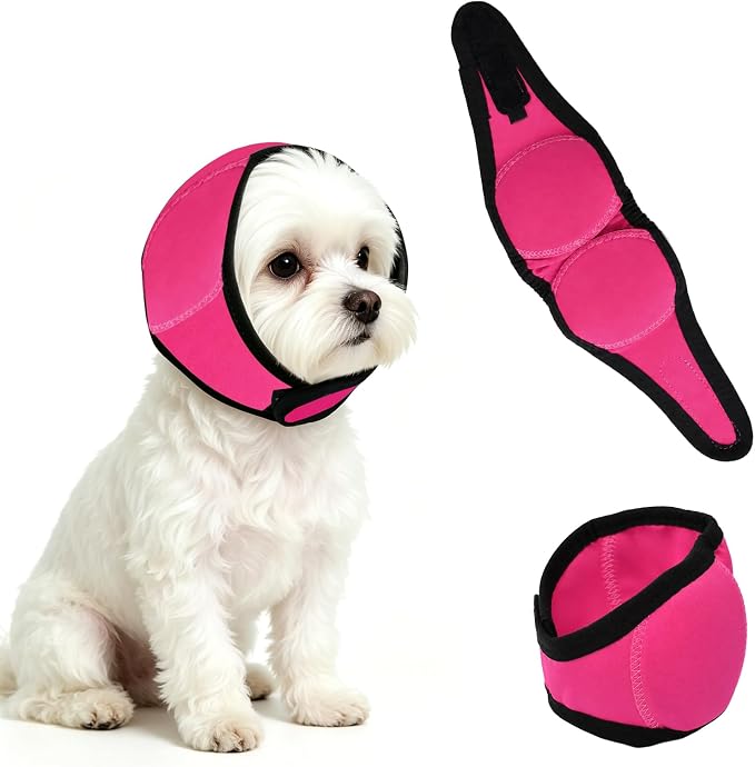Upgraded Dog Ear Muffs for Noise Protection & Anxiety Relief, Adjustable No Shake Ear Wrap for Firework, Hematoma, Bathing, Swim, Grooming and Force Drying (Fuchsia, S(Head Size:10"-15"))