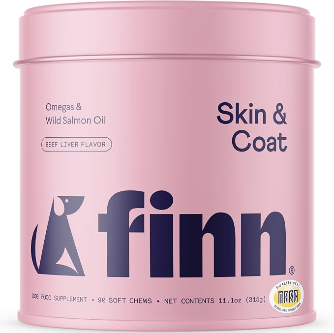 Finn Skin & Coat Salmon Oil Chews for Dogs | Omega-3 EPA & DHA | 90 Ct | Biotin, Zinc & B-Vitamins | Wild Alaskan Sourced | NASC Certified | Vet-Formulated | Healthy Skin & Coat