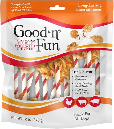 GOOD 'N' FUN Triple Flavor Double Pops Treats for Dogs, Long-Lasting Chews Made with Real Chicken, Beef Hide and Pork Hide, 12 oz
