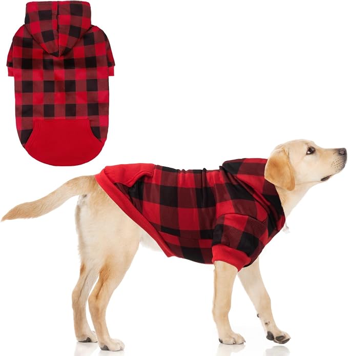 KOOLTAIL Dog Christmas Hoodie for Small Medium Large Dogs - Red Plaid Dog Christmas Outfit Sweater with Hat & Pocket for Cold Winter, Warm Soft Hooded Sweatshirt Clothes for Puppy Cats Girls Boys XXL