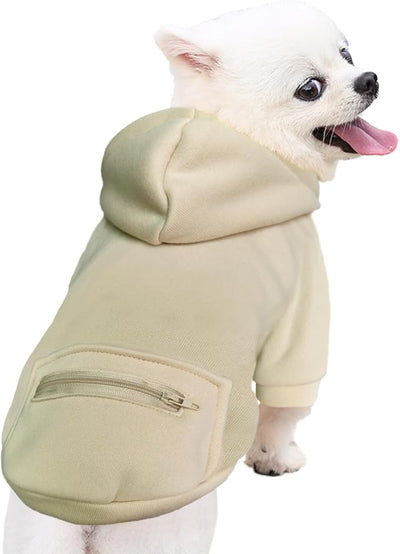Jecikelon Dog Hoodies for Small Dogs with Zipper Pocket, Soft Fleece Puppy Clothes with Rope Hat, Warm Winter Outfits Cold Weather Coats, Cute Sweatshirt Chihuahua Costume (Beige, X-Small)