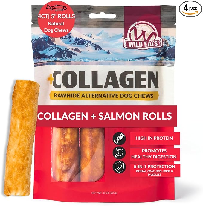 Wild Eats Salmon Flavor Collagen Retriever Style Cheek Roll 5" Dog Chews-4 Pack (Long Lasting Dog Chews Treats & Bones for Medium Dogs) Substitute for Pig Ears for Dogs