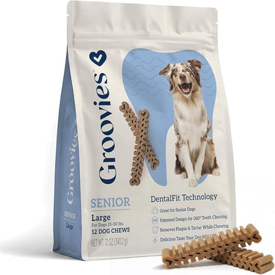 Groovies Senior & Gentle Chewers Dog Dental Treats, Flexible Texture, Patented Technology to Help Control Tartar & Freshen Breath, Large Dog Chews (25-50 lbs), USA Manufactured Oral Care, 12 Count