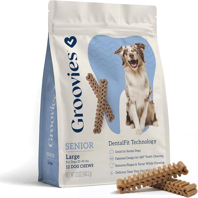 Groovies Senior & Gentle Chewers Dog Dental Treats, Flexible Texture, Patented Technology to Help Control Tartar & Freshen Breath, Large Dog Chews (25-50 lbs), USA Manufactured Oral Care, 12 Count