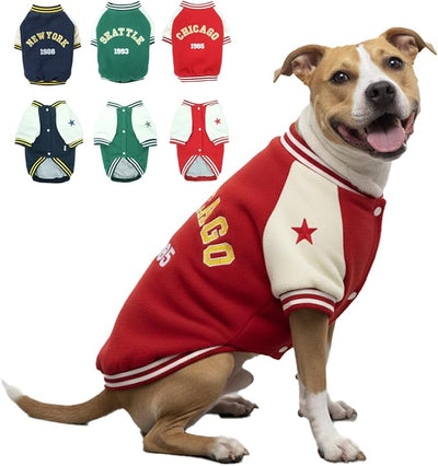 XXL Dog Winter Varsity Jacket – Fleece Coat for Girl and Boy Pets, Thick Lined Snap-On Warm Outfit for Large Dogs, Doggy Sportwears for Cold Weather, Christmas Pet Costumes for Pup, Red