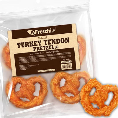 A Freschi srl Turkey Tendons for Dogs, USA-Sourced, Healthy Dog Treats, Rawhide-Free Puppy Chews, Long Lasting, All Natural, Hypoallergenic Dog Treats for Large Breeds, 10 oz Pack Pretzel (L)