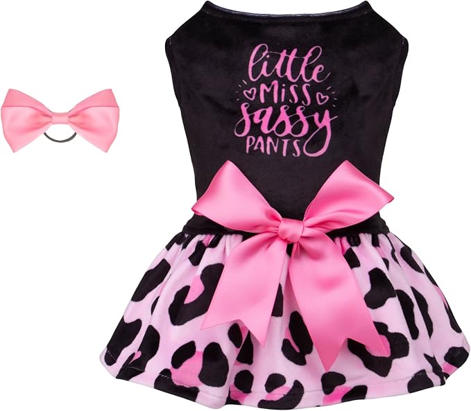CuteBone Little Miss Sassy Pants Dog Leopard Print Dress Velvet for Small Dogs Girl Puppy Dresses Pink Dog Clothes