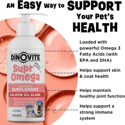 Dinovite SuprOmega Wild Caught Salmon Oil for Dogs & Cats - GMO Free Omega 3 Skin & Coat Supplement - Skin & Coat Meal Topper for Dogs & Cats - 16 oz