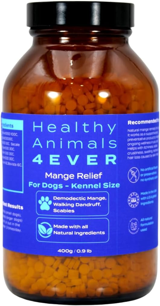 HA4E - Mange Relief for Dogs - Treatment for Itchiness, Scabs, & Hair Loss Caused by Mites - All-Natural, Homeopathic, Non-GMO, Organic, Preservative & Chemical Free, Tablets, Kennel Size