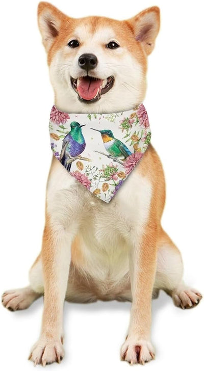 KEIAHUAN Hummingbird Flower Dog Bandana Washable Pet Neckerchief Triangle Dog Bibs Soft and Durable Holiday Scarf Accessories Reversible Bandana