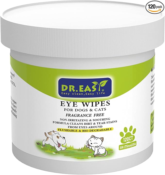 DR.EASY Pet Eye Wipes 120 Ct for Dog Cat Horse & Rabbit Grooming,Tear stain remover,Puppy Kitty eye wash,Remove dirt crust dried mucus discharge secretions, Unscented soft & gentle,Plant Based Formula