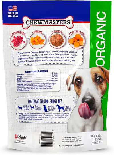 Chewmasters Organic Turkey Jerky with Chicken Dog Treat - High Protein, Grain Free and Gluten Free Healthy Dog Treats, Real Turkey Meat Snack, Jerky Dog Treats, Low Fat, Made in USA, 2 lb