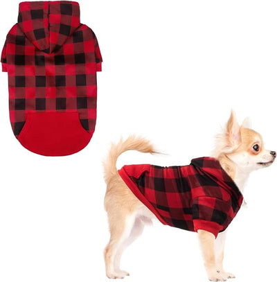 KOOLTAIL Dog Christmas Hoodie for Small Medium Large Dogs - Red Plaid Dog Christmas Outfit Sweater with Hat & Pocket for Cold Winter, Warm Soft Hooded Sweatshirt Clothes for Puppy Cats Girls Boys S