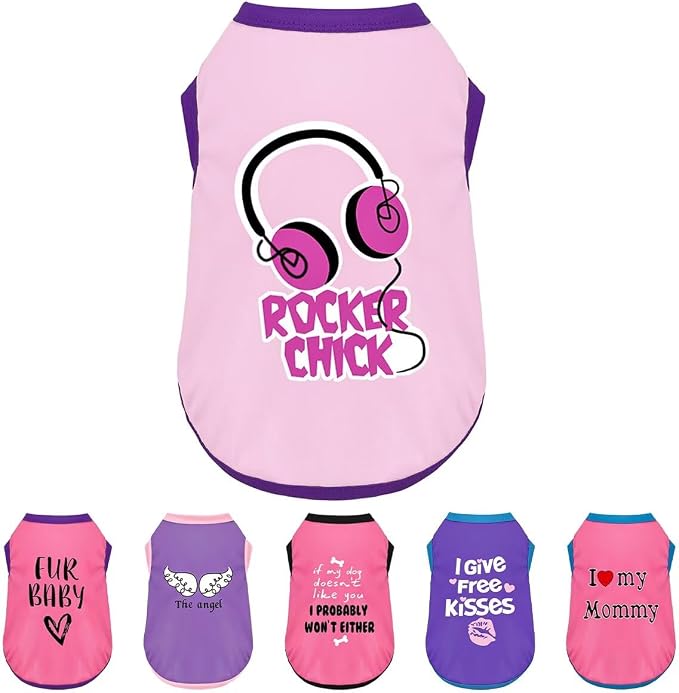 Color-Blocked Dog Tank Top with Playful Heat Transfer Designs – Lightweight Polyester Shirt for Small,MediumDogs, Perfect for Casual Outings.Rocker Chick Light Pink S