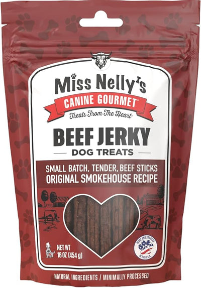 Miss Nelly's- All Natural Beef Jerky Dog Treats Made in USA Only - Beef Jerky Treats for Dogs Original Smoke House Recipe-Minimally Processed Soft Sticks - 16 oz. Bag.