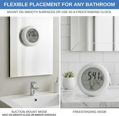 Shower Clock for Bathroom and Kitchen - Large Digital Display Shows Time, Date, Day of The Week and Temperature. Large Suction Cups, Hanging Hole, and Kick Stand - Atomic Clock