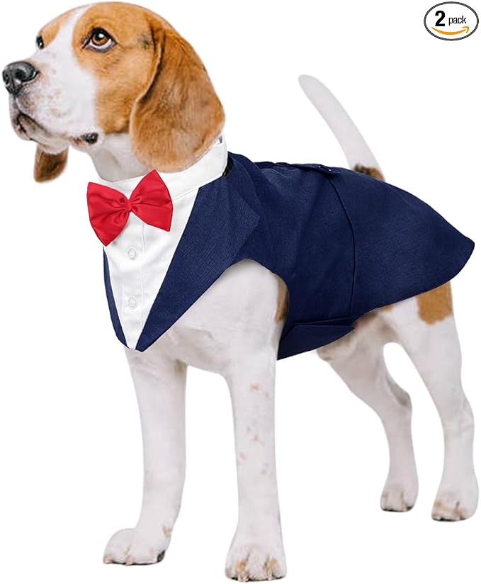 Kuoser Dog Tuxedo Dog Suit and Bandana Set, Dogs Tuxedo Wedding Party Suit, Doggy Prince Bow Tie Shirt Formal Pet Wedding Attire for Large Medium and Small Dogs Golden Retriever Samo Bulldogs