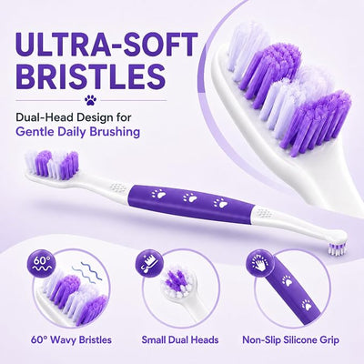 Dog Toothbrush, Dual-Head, for Medium Large Dogs, Purple | Soft Bristles for Gentle Cleaning ,60° Curved Bristles for Better Coverage ,Comfortable for Sensitive Gums
