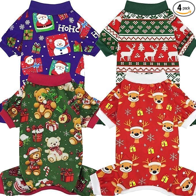 XPUDAC 4 Pieces Dog Pajamas for Small Dogs Pjs Clothes Puppy Onesies Outfits for Doggie Christmas Shirts Sleeper for Pet, XS