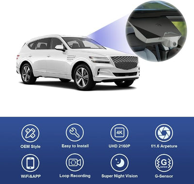Fitcamx 4K Dash Cam Suitable for Genesis GV80 2021-2025, Grey Color (HD2-T6010), Integrated OEM Look, UHD 2160P Video, Built-in WiFi & APP, Loop Recording, Collision Detection, Plug & Play, 64GB Card