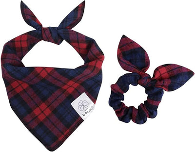 E-Clover Red Dog Bandanas & Matching Scrunchie Set Plaid Dog Scarf Bibs for Medium Large Dogs Girl Boy Pet Owner Gift Blue Valentine
