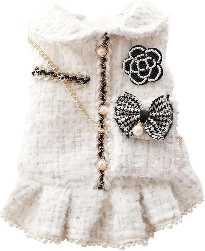 Spring Fall Winter Small Dog Tweed Princess Dress White Pearl Design, Warm Fleece Dog Coat for Girls, Cute Puppy Clothes with Bow Flower, Luxury Chanel Style Pet Outfit for Cats & Dogs(M)
