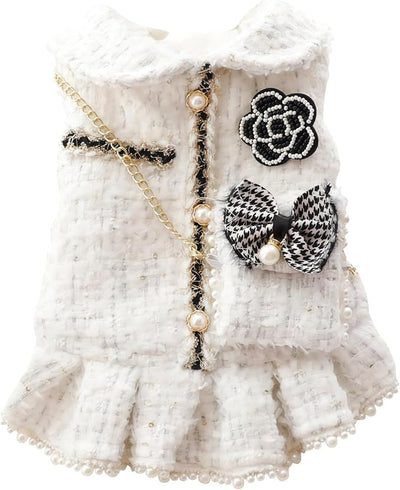 Spring Fall Winter Small Dog Tweed Princess Dress White Pearl Design, Warm Fleece Dog Coat for Girls, Cute Puppy Clothes with Bow Flower, Luxury Chanel Style Pet Outfit for Cats & Dogs(S)