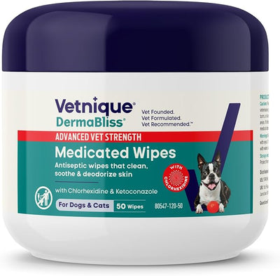 Vetnique Dermabliss Chlorhexidine for Dogs & Cats Wipes - Ketoconazole Medicated Antibacterial & Antifungal Skin Wipes for Hot Spots, Yeast Infection, Yeasty Paws, Itch & Smelly Folds, 50 Count Small