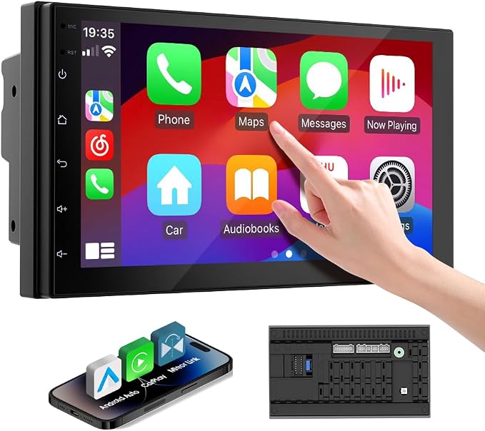 Haudio Double Din Car Stereo Radio with 7 inch HD Touchscreen, Wireless Apple Carplay & Android Auto, Bluetooth, SWC, Mirror Link, AUX,FM Car Radio Receiver(No backup reversing camera)|for All Vehicle