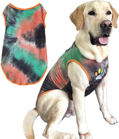 Summer Tie Dye Dog Clothes Cool Breathable Cotton T-Shirt Medium Large Dog Boys Girls Shirt(GreenOrange, Large)
