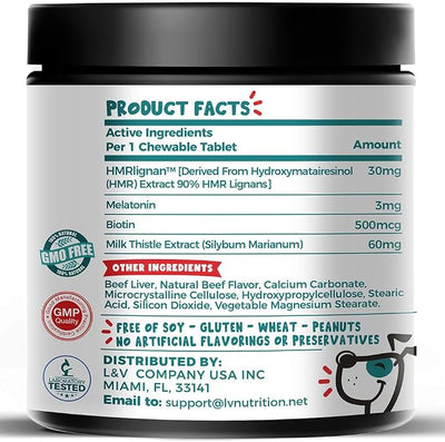 HMR Lignan + Melatonin + Biotin + Milk Thistle for Dogs | 4-in-1 Formula | Adrenal Support & Normal Cortisol Levels | Skin, Coat, & Digestive Health | 90 Chewable Tablets | Natural Beef Flavor