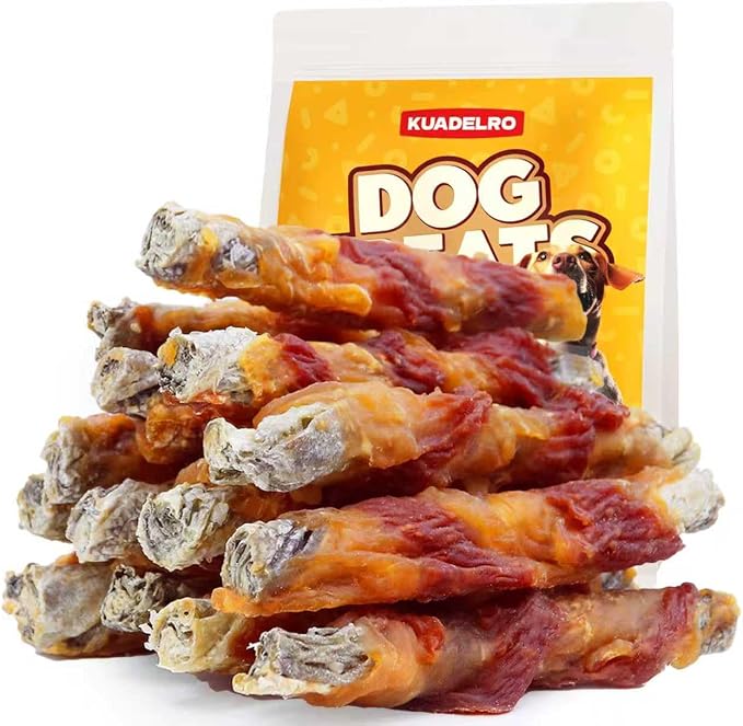 Chicken Duck Wrapped Cod Skin Dog Treats, High Protein Chicken Duck Dog Training Jerky Treats Rawhide-Free Long-Lasting Chews Snacks for Medium and Large Breed 10.54oz