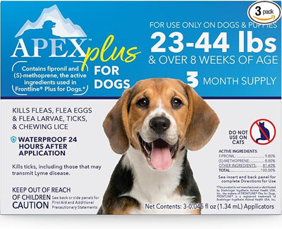 Apex Plus Flea and Tick Prevention for Dogs | Medium (23-44 lbs) | 3-Month Supply | Dog Flea and Tick Treatment | 24-Hour Activation, Waterproof, 30-Day Protection