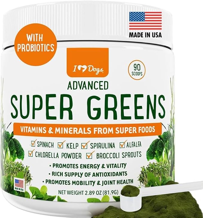 iHeartDogs Super Greens for Dogs with Broccoli Sprouts & Spirulina Powder - Seasonal Allergy & Immune Support Powder - Vitamins, Antioxidants & Minerals Supplement for Dogs