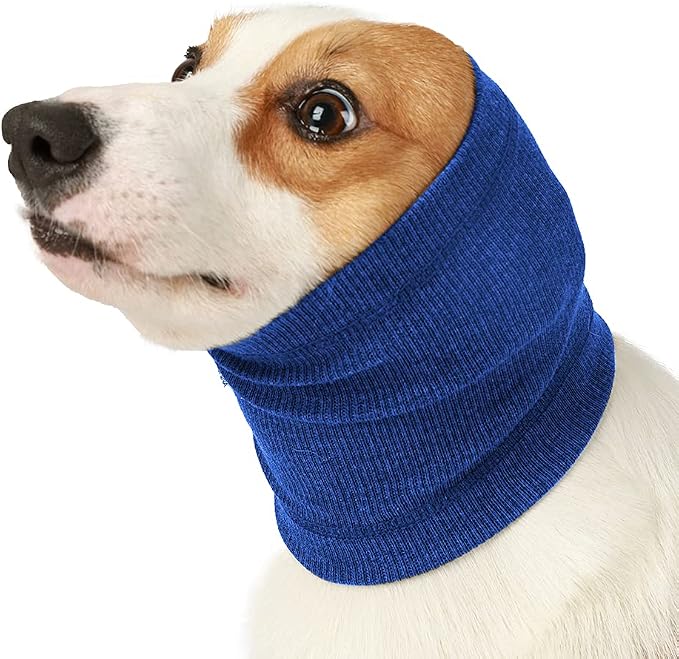 Meifsou Dog Calming Head Wrap, No Shake Quiet Ears for Dogs Anxiety Relief, Original Ear Covers Pet Calming Hoodie for Thunder, Lightning, Fireworks, Vet Visits, High Stretch Ribbed Fabric, Blue S