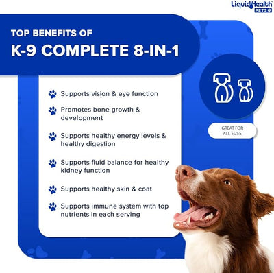 LIQUIDHEALTH Pets K9 Complete 8-in-1 Liquid Multivitamin for Adult Senior Dogs & Puppies, All in One Complete Formula Canine Vitamins for Skin & Coat, Joint Health, Immune Support - USA Made (3 Pack)