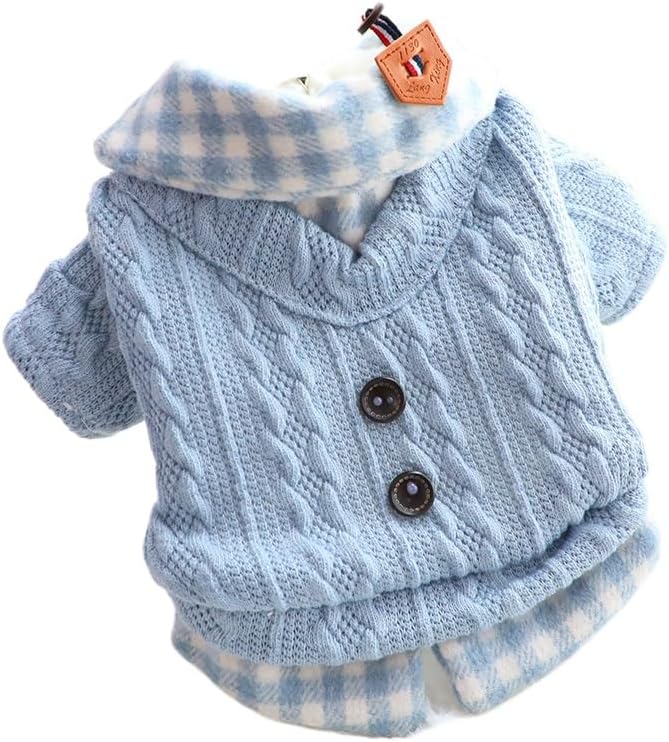 Dog Princess Sweater for Small Dogs Thick Shirt Plaid Clothes Costume Pet Girl Cute Coat Outfits Fall Costumes Winter Dog Sweaters (L,Blue)