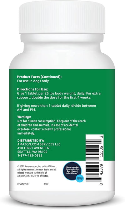 Amazon Basics Dog Hip & Joint Daily Chewable Tablets, with Glucosamine, MSM, and Chondroitin, Duck Flavored, 120 Count (Previously Solimo)
