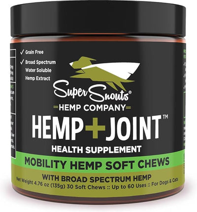 Super Snouts Hemp & Joint Chew for Dogs & Cats, 30 Chews (Up to 60 servings) – Hip + Joint Supplement with Green Lipped Mussels + Hemp – Helps with Mobility and Joint Comfort