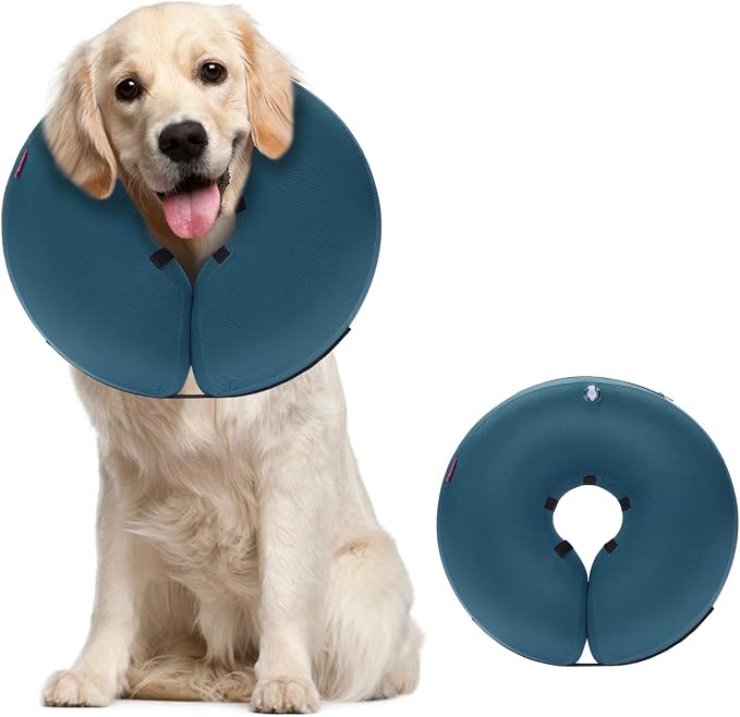 MIDOG Inflatable Dog Cone, Soft Donut Recovery Collar Alternative After Surgery to Help Prevent Licking, Comfy E Collar with Neck Pillow Design, Blue, L+